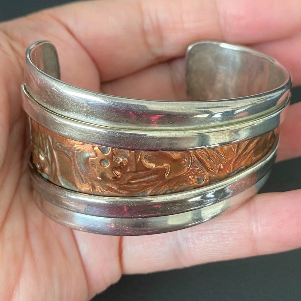 Signed Navajo Sterling Silver & Copper Cuff Bracelet